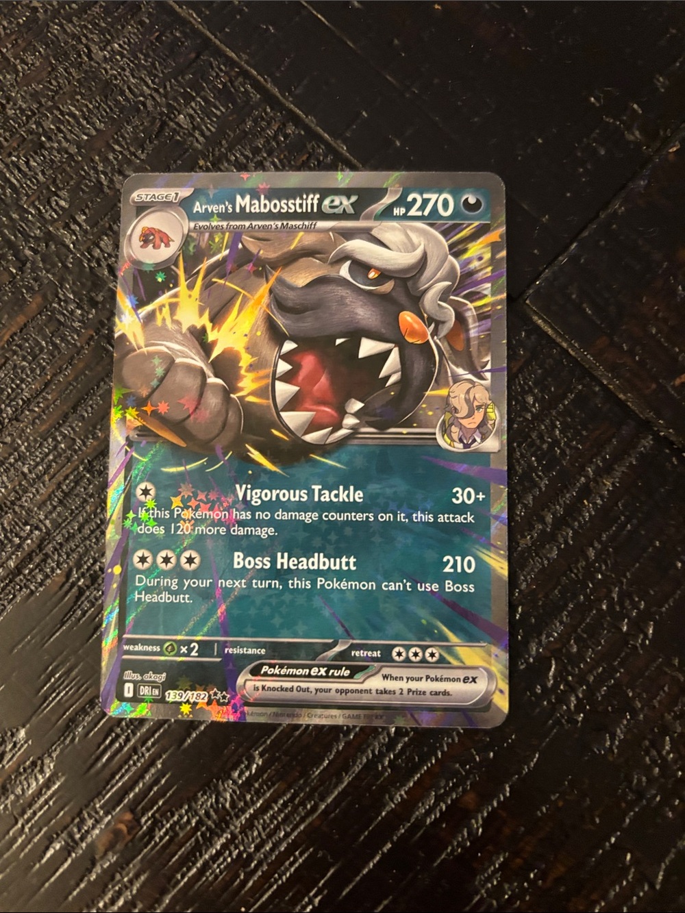Pokemon Arven's Mabosstiff ex Holographic Card - Black, Gray, Red Accents
